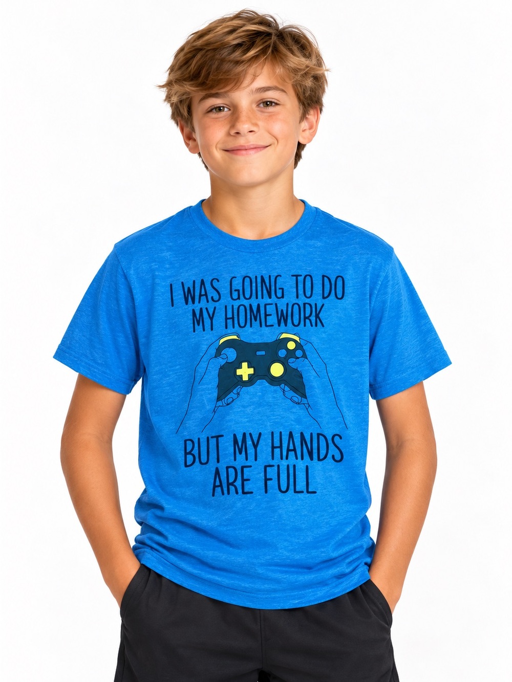 PACIFIC Y Md Blue T-Shirt “I was Going to do my Homework But my Hands are full”